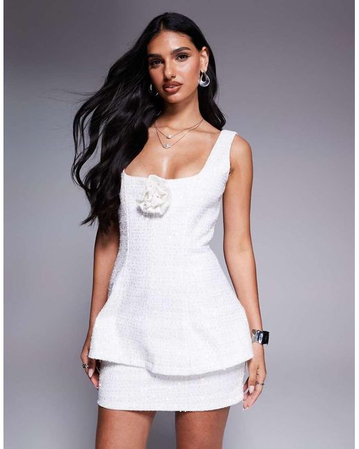 Wanderdoll White Sophia Sequin Boucle Square Neck Corsage Detail Structured Mini Dress