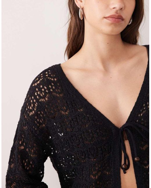 Miss Selfridge Black Crochet Boho Tie Front Festival Cardigan