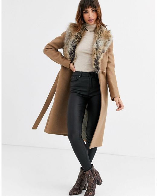 Ted Baker Natural Corinna Long Wrap Coat With Faux Fur Collar