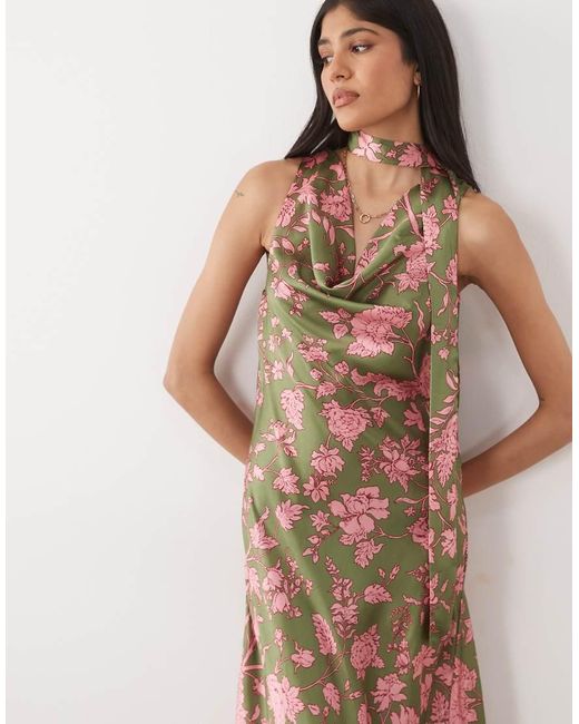 Hope & Ivy Natural Satin Cowl Neck Scarf Maxi Dress
