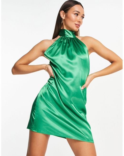 Flounce London Green Satin Halter Neck Mini Dress