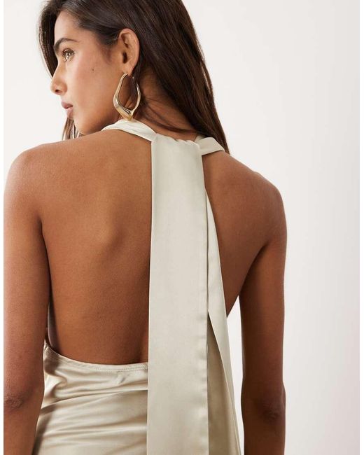 Aria Cove Natural Satin Deep Cowl Neck Scarf Detail Maxi Dress