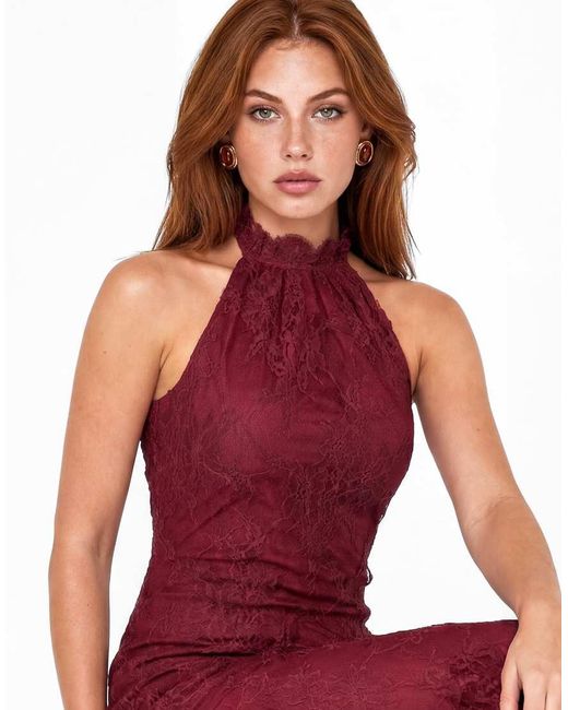 Maya Red Halter Neck Ruffle Hem Lace Maxi Dress