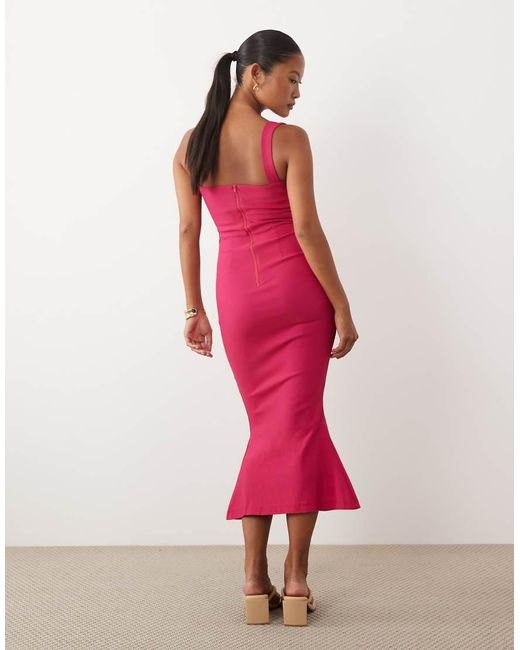 Vesper Pink Petite Bengaline Sleeveless Square Neck Fishtail Midi Dress