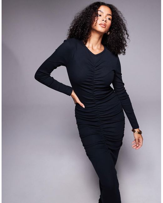 ASOS Blue Ribbed Ruched Midi Dress