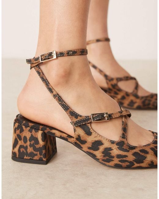 Asos Design Wide Fit Natural Simone Buckle Strap Detail Mid Block Heel Shoes