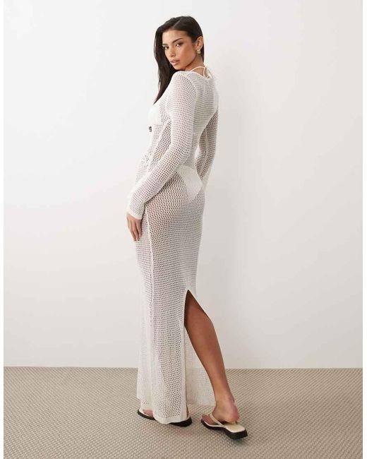 South Beach Natural Long Sleeve Crochet Maxi Dress