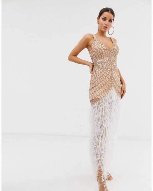 ASOS Embellished Faux Feather Hem Maxi Dress in Pink Lyst