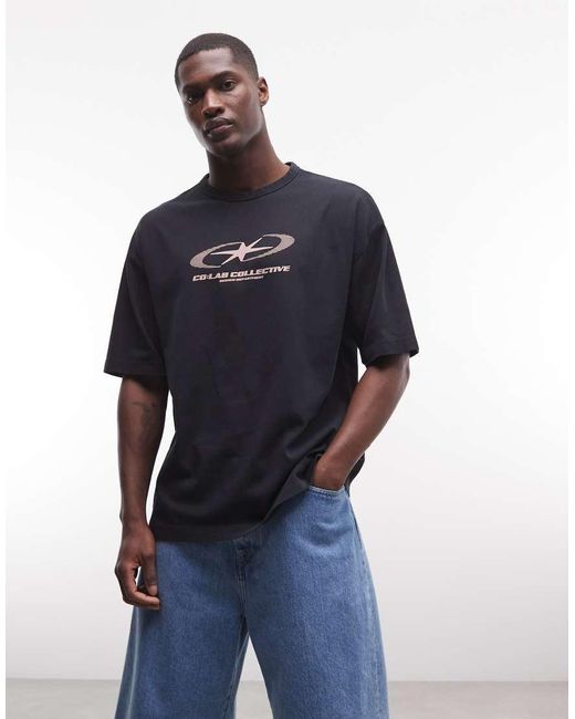 ASOS Blue Heavyweight Oversized T-shirt With Text Graphic for men