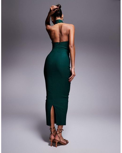 Vesper Green Bengaline Cross Front Halterneck Keyhole Detail Midaxi Dress