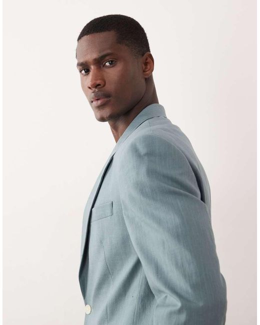 ASOS Blue 100% Cotton Linen Look Slim Suit Jacket for men