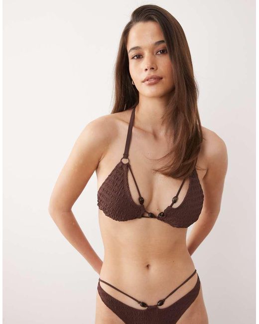 ASOS Natural Fuller Bust Ruthie Textured Double Strap Triangle Bikini Top With Resin Bead Trim