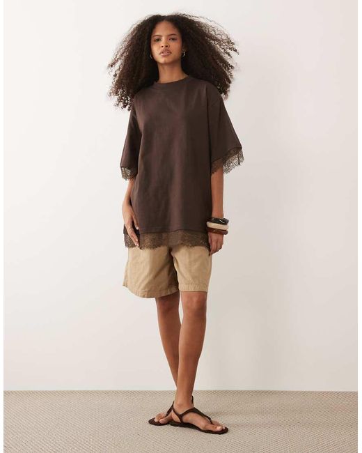 ASOS Brown Short Sleeve Oversized T-shirt With Lace
