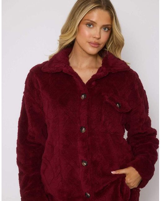 Loungeable Red Cableknit Button Down Shacket And Trouser Set
