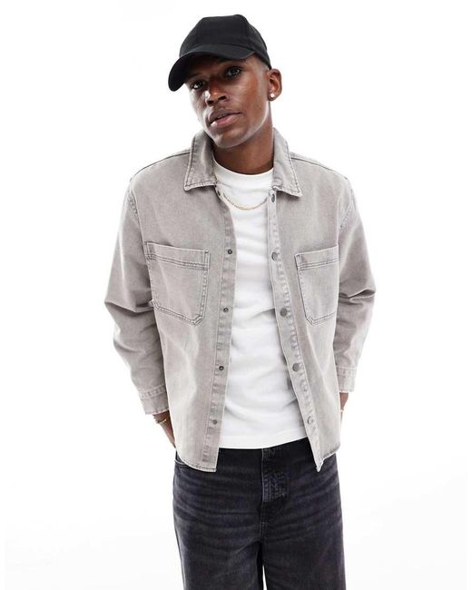 Pull&Bear Gray Denim Acid Washed Overshirt for men