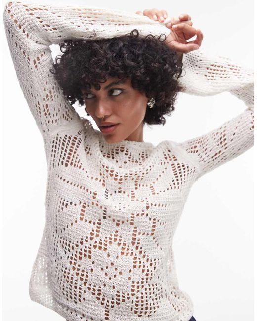 TOPSHOP White Knitted Slash Neck Lace Long Sleeve Top