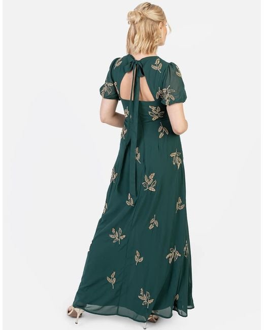 Maya Green Embellished Short Sleeve Open Back Maxi Dress