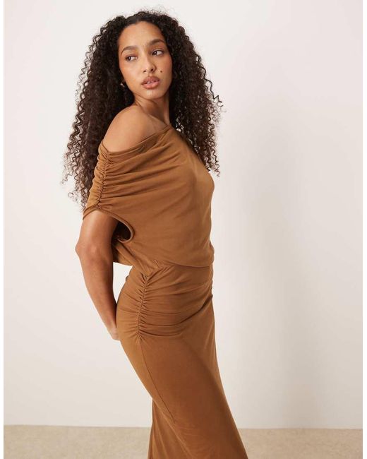 ASOS Brown Modal Fallen Shoulder Blouson Midi Dress Detail Midi Dress