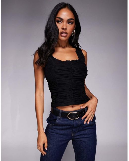 ASOS Black Ruched Milkmaid Button Front Detail Top
