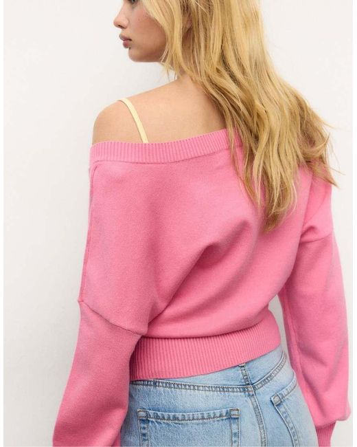 Stradivarius Pink V-neck Batwing Sleeve Jumper
