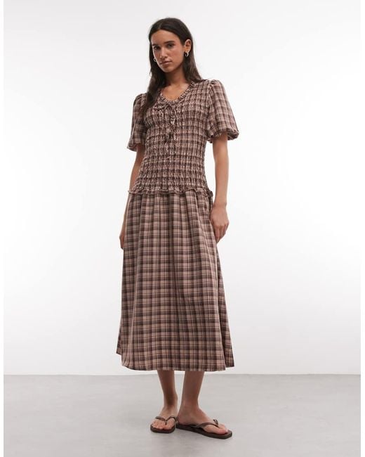 Daisy Street Brown Shirred Drop Waist Midi Dress With Puff Sleeves And Tie Front