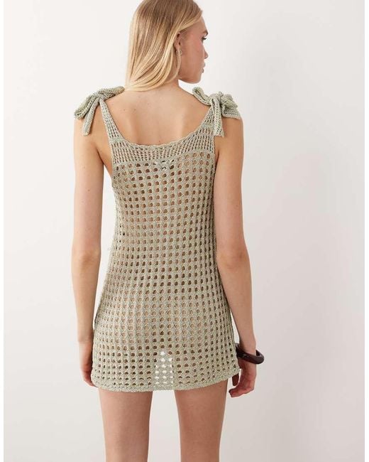 Miss Selfridge Natural Beach Metallic Crochet Faux Pearl Mini Dress