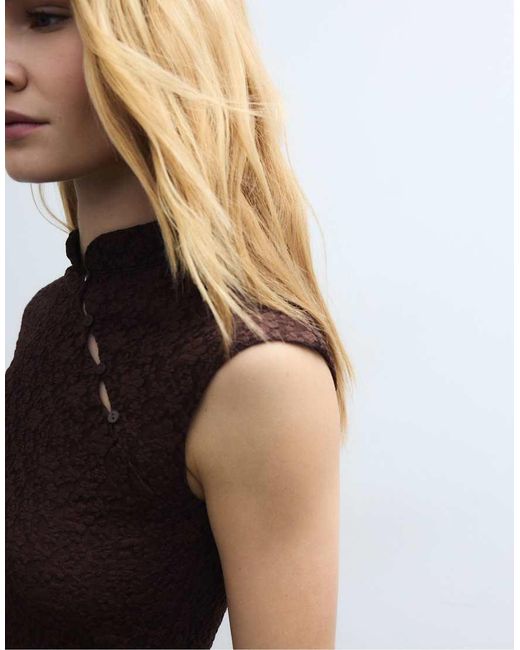Stradivarius Black Lace Qipao Inspired T-shirt With Mandarin Collar