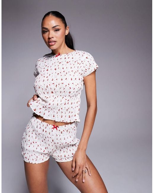 River Island Gray Shirred Cherry Print Nightwear Set