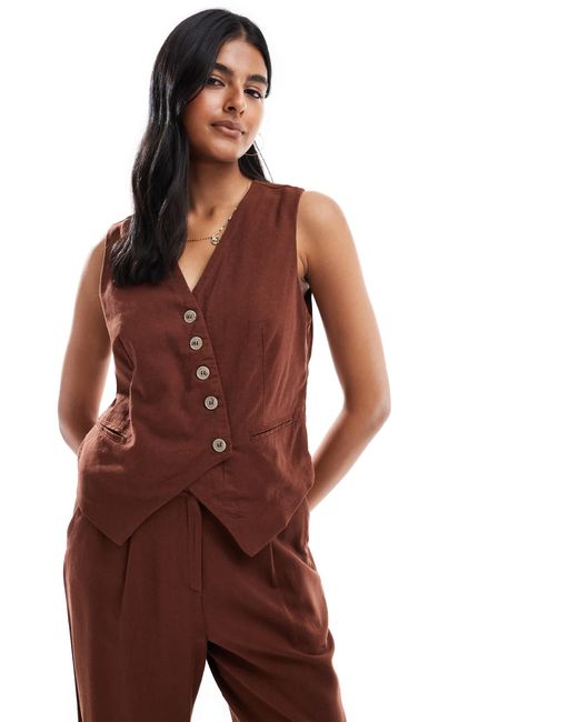 Vero Moda Red Linen Touch Asymmetric Button Front Waistcoat Co-Ord