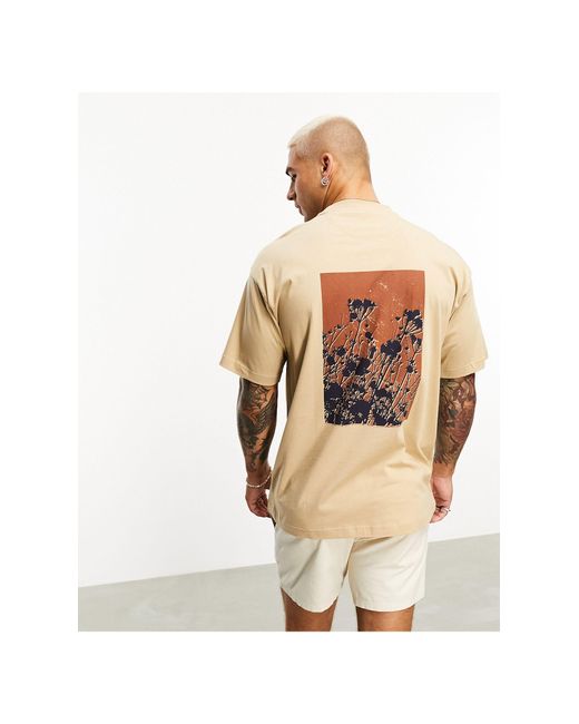 Farah Natural Trevor Geo Floral Back Print Relaxed Fit T-shirt for men