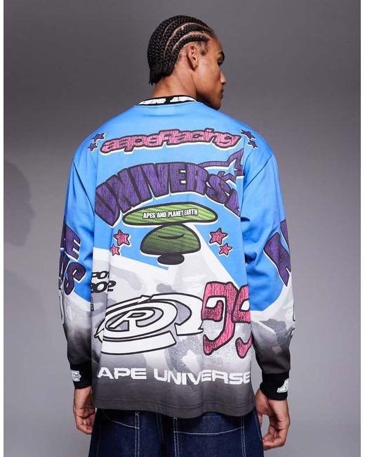 Aape By A Bathing Ape Blue Aape By A Bathing Ape Long Sleeve Motocross T-shirt for men