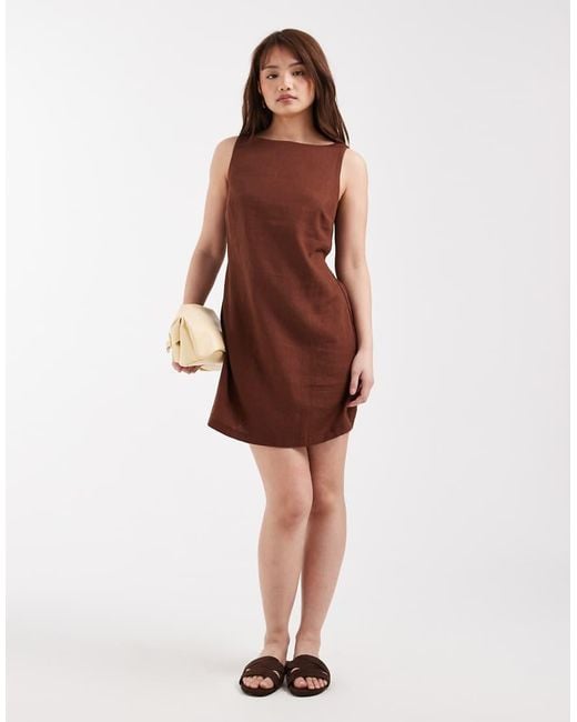 New Look Brown Linen Blend Tie Back Mini Dress