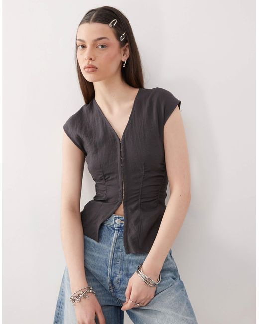 Weekday Pink Crinkle V Neck Top With And Hook And Eye Detail