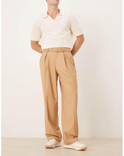 ASOS Natural Smart Wide Leg Belted Trousers With Front Pleat for men