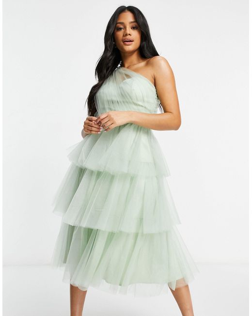 Chi Chi London Green One Shoulder Tiered Tulle Dress
