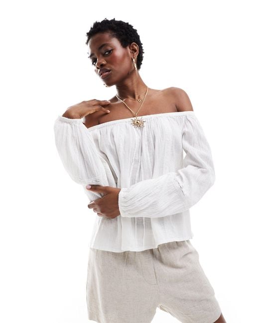 Monki White Off Shoulder Blouse With Pleated Bodice And Volume Sleeves