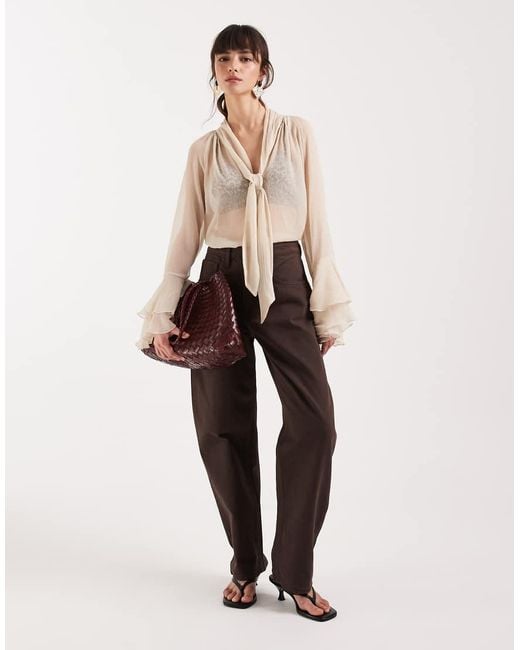 ONLY Natural High Neck Tie Detail Sheer Blouse With Frill Sleeves