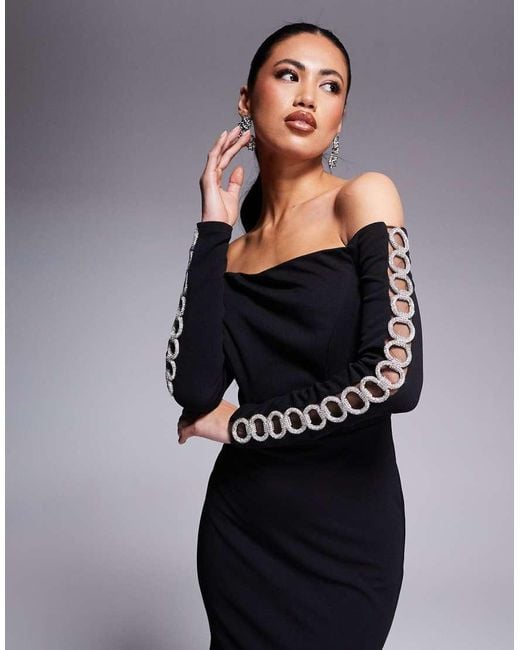 Goddiva Blue Embellished Diamante Sleeve Bardot Maxi Dress