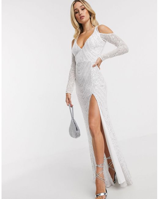 goddiva sequin embellished plunge maxi dress in black and gold