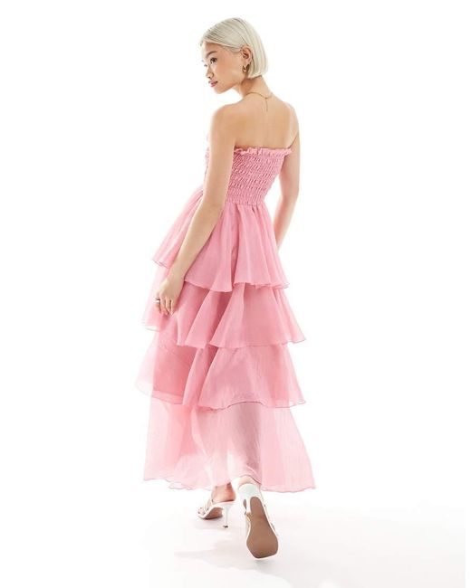 Vero Moda Pink Shirred Bodice Tiered Ruffle Hem Maxi Dress