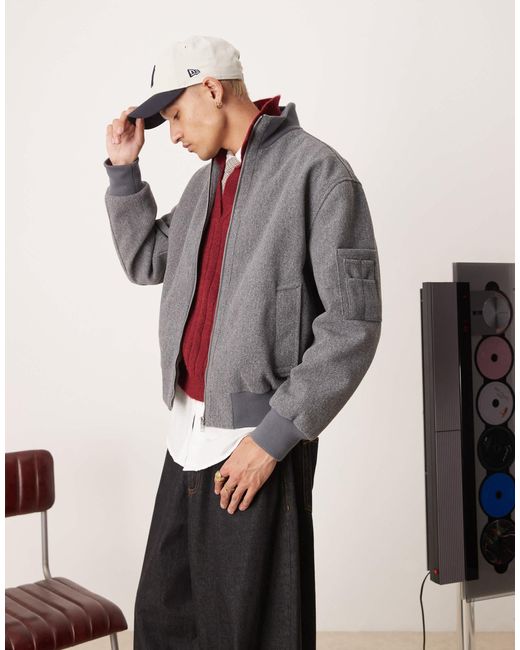 ASOS Gray Wool Look Oversized Bomber Jacket With Funnel Neck for men