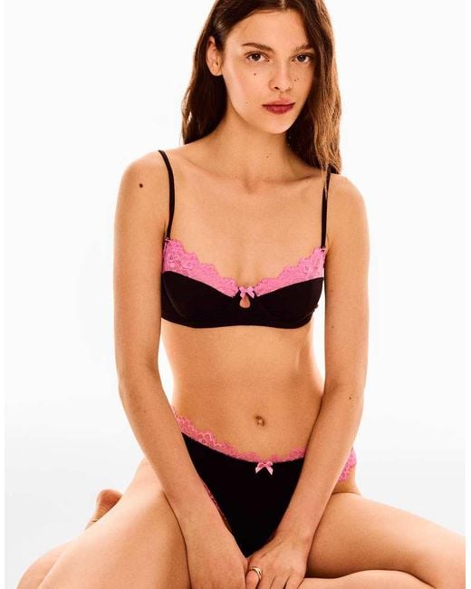 Bershka Black Underwired Lace Contrast Bra
