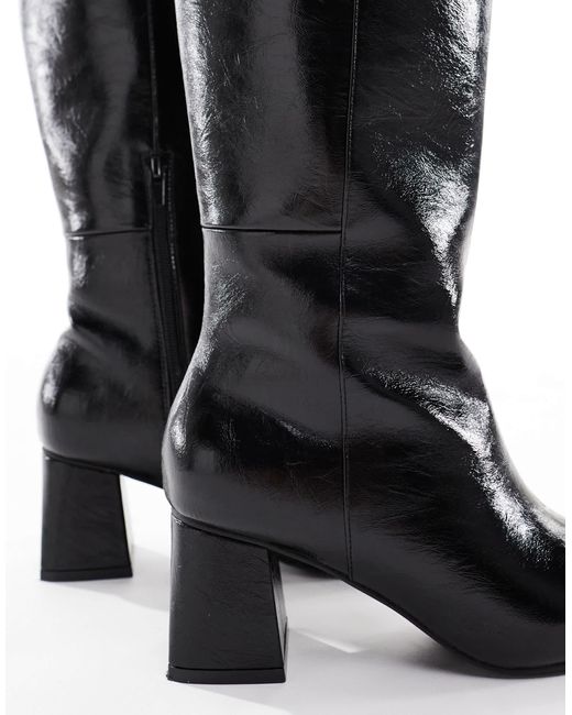 London Rebel Black Nova Block Heeled Knee Boots
