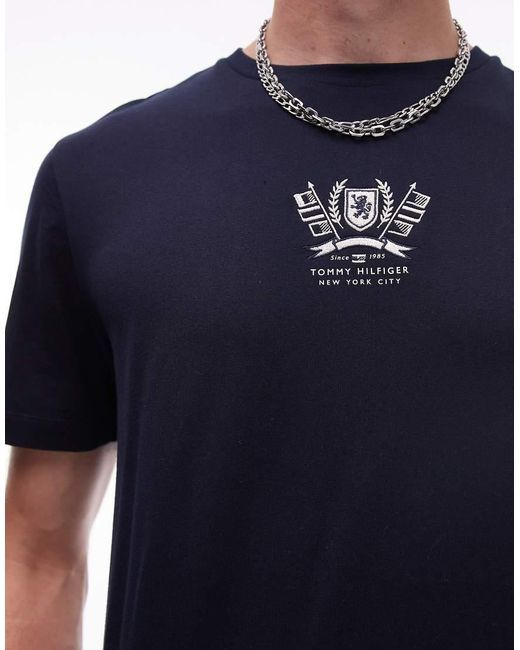Tommy Hilfiger Blue Embroidered Crest Logo T-shirt for men