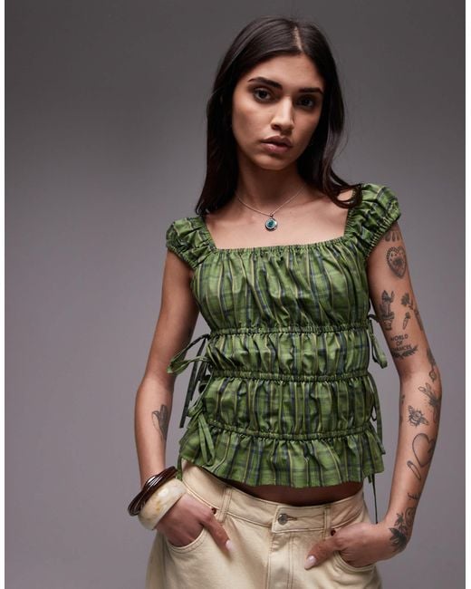 TOPSHOP Green Ruched Tiered Tie Side Top