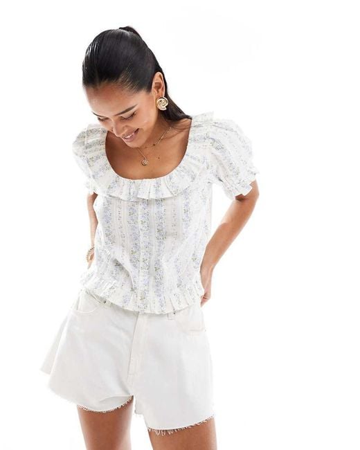 New Look White Stripe Floral Button Blouse