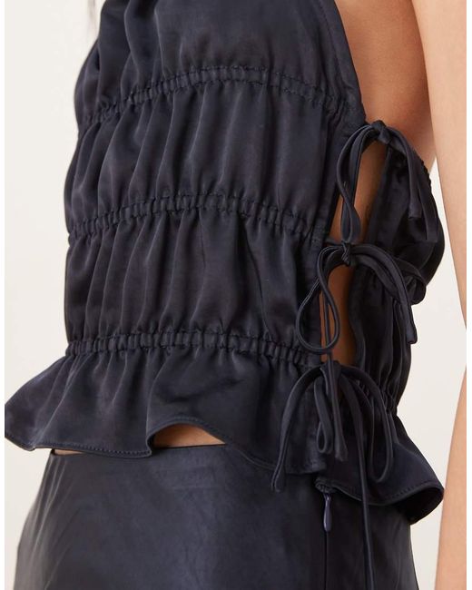 Nia Blue Balboa Co-ord Shirreds Satin Halter Neck Top