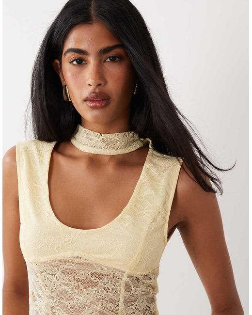 ASOS Yellow Lace Cap Sleeve Top With Neck Detail