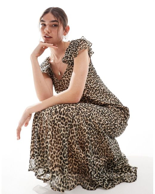 Vestito lungo leopardato con maniche con volant di Vero Moda in Natural