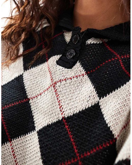 Daisy Street Black And Stone Collared Jumper With All Over Argyle Pattern